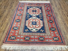 Turkish Kazak Rug 5x6 Vintage Handmade Wool Carpet Geometric Blue Red - £980.01 GBP