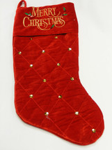 RED VELVET QUILT PATTERN CHRISTMAS STOCKING w/ &quot;MERRY CHRISTMAS&quot; EMBROID... - £11.65 GBP
