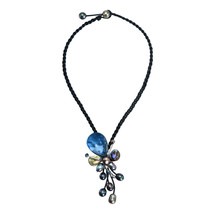 Abstract Cluster Blue Rainbow Abalone Shell Freshwater Pearl Leather Necklace - £25.07 GBP