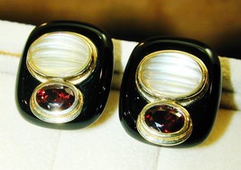 FAB Gilt Sterling Carved Moonstone Red Garnet &amp; Onyx Earrings KYLO Kai Y... - £154.50 GBP