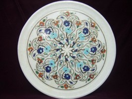 12&quot; Decorative Marble Plate Pietra Dura Handmade Turquoise Mosaic Gemstone Arts - £386.19 GBP