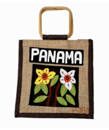 Embroidered Appliqué Tote Bag Burlap Jute Wood Handles Flowers Panama Si... - £11.34 GBP