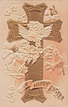 A Happy Easter~Gilt CROSS-AIR BRUSHED~1910s Embossed Gilt Postcard - £7.11 GBP
