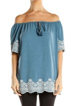 Adrianna Papell Women&#39;s S Embroidered Lace Trim Blue Off-Shoulder Blouse Top - £20.11 GBP