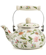 2.6 Quart Vintage Enamel Tea Kettle, Green Floral Enamel on Steel Teapot... - $109.79