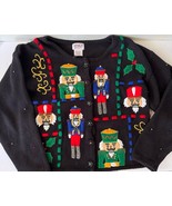 Vintage 1999 Beaded Nutcracker Couple Christmas Sweater Cardigan Size Me... - $95.73 CAD