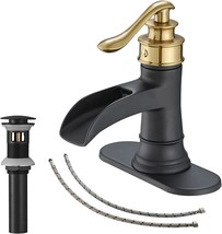 Bathlavish Black And Gold Bathroom Faucet Waterfall Sink Single Hole With Pop Up - £58.98 GBP