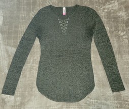 No Boundaries Sweater Women Juniors Sz XXL Green Striped Ribbed Knit Henley V - £4.98 GBP