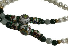 VTG Floral Cloisonne Enamel Strand Necklace Faux Pearl Green stones Boho Hippy  - £14.08 GBP
