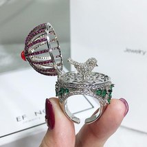 Blucome Open Ring Creative Fantasy Bird Cage Round House Ring Full Zircon Color  - £37.36 GBP