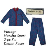 Vtg Marsha Sport S/M Denim Embroidered Red Roses Shirt Pant 2pc Set Velv... - $50.29 CAD