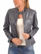 Jacket Leather Women Biker Size Motorcycle Womens Ladies Vintage Coat Gray 50 - £29.82 GBP+