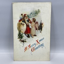 1923 Santa Claus w/ Walking Stick Brown Fur Trim Hat Angel Christmas Postcard - £5.87 GBP