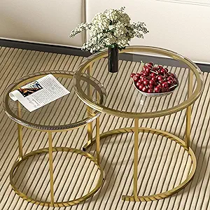 Nesting Round Coffee Table Set Of 2, Stacking Side Tables Glass Tabletop... - £174.66 GBP