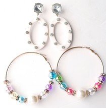 2 Seaside Chic Earrings Gold Tone AB Bead Pearl Hoop White Oval Sugar Fix #JC-1 - £11.59 GBP