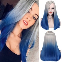 2 Tone Ombre Grey to Blue Synthetic Wig for Women Middle Part Short Straight Hai - £50.35 GBP