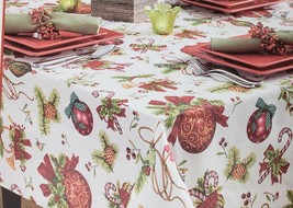 1 Fabric Tablecloth, 60&quot; Round, Christmas Tree Ornaments, Deck The Halls, Bm - £23.48 GBP