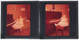 2 Diff 1950s Adorable Girls Playing Piano Glass Plate Photo Slide Magic ... - $18.53