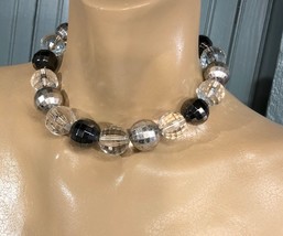 Faceted Clear Silver Black Disco Ball Necklace Choker Beaded Bijoux Terner - £17.04 GBP