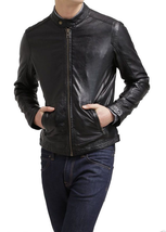 Men&#39;s Genuine Lambskin Leather Jacket Black Slim fit Motorcycle jacket - MJ087 - £93.92 GBP