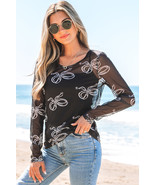 Black Round Neck Bow Print Long Sleeve Mesh Top - $7.62 CAD