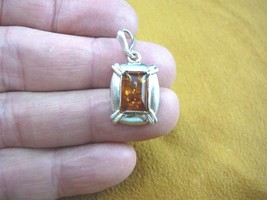 P28-4) Orange stone AMBER Poland .925 Sterling SILVER art deco rectangle PENDANT - $32.71