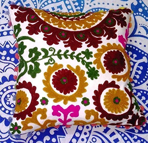 Suzani Pillow, Pom Pom Indian Cushion Cover 16x16, Embroidered Decorative Throw  - $12.86