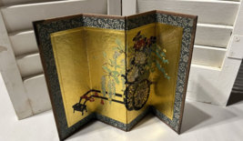 Vintage Asian Printed Folding Four Panel Tabletop Screen wagon flowers 1... - $17.82
