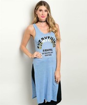 Light Blue Graphic Double Side Slit Tunic Tank Top Swimsuit Cover Up Dress - £15.98 GBP