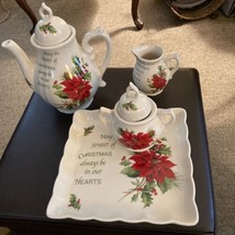 Cracker Barrel Serve Ware Tea Set  6 Pieces Poinsettia Teapot Creamer Su... - £26.14 GBP