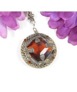 AMBER- GLASS GEM 3 Leaf Clover Shamrock PENDANT Vintage NECKLACE GoldSil 36" - $25.73