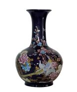 Elegant Gemstone Blue Ceramic Vase with Floral and Bird Design H=14 inches - $144.19