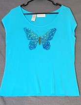 Chadwicks Womens Aqua Blue Beaded Sequin Butterfly Scoop Neck Ribbed Top... - $14.95