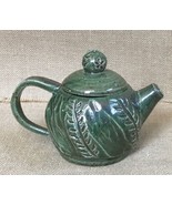 Signed KAK Art Pottery Mini Decorative Green Teapot Incised Leaf Vine - £38.95 GBP