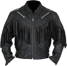 Bestzo  Mens Western Arrow Design Jacket with Fringes Cow Leather Black XL - £137.66 GBP