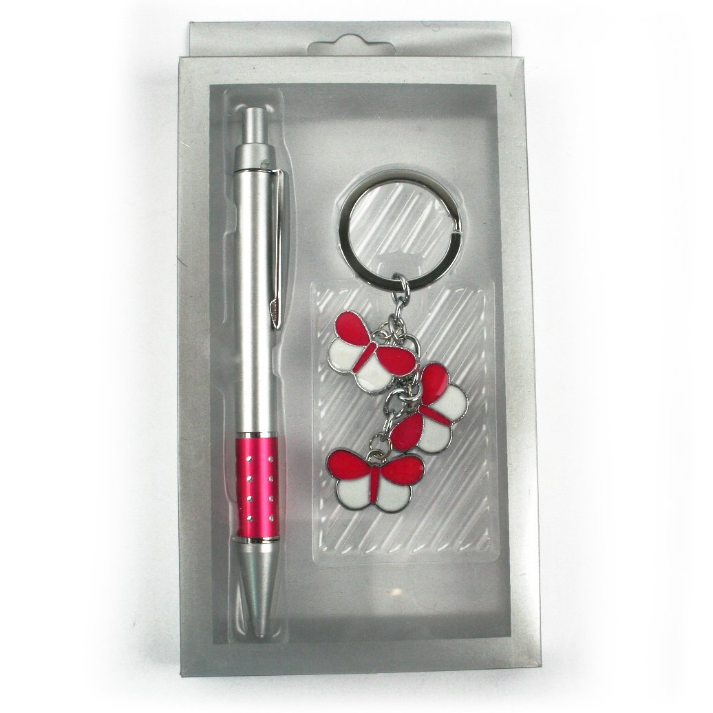Primary image for Lovely Pink Butterfly Gift Set - Pen with Crystals & Ring Keyring in Gift Box