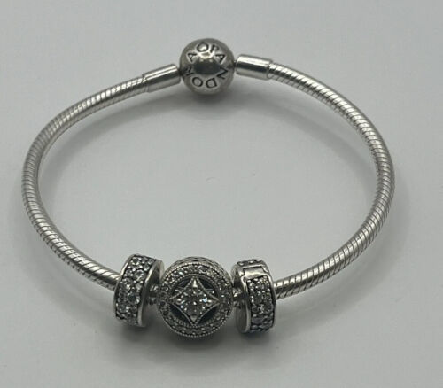Pandora Sterling Silver 925 ALE 7" Cable Bracelet & 3 Shiny Charm Beads Retired - $88.62