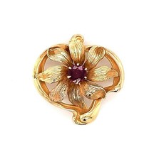 Art Nouveau 10k Yellow Gold .38ct Genuine Natural Ruby Flower Watch Pin (#J5621) - £315.81 GBP