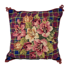 VTG Pair Handmade Wool Needlepoint Pillows Cottagecore Floral Design Velvet Back - £43.27 GBP
