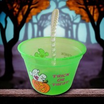 Halloween Pail Vintage 90s Neon Green Bucket Trick or Treat Ghost Translucent - £11.75 GBP