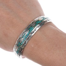 6.25&quot; Vintage Jimmie Nezzie Navajo sterling turquoise chip inlay cuff bracelet - £89.56 GBP