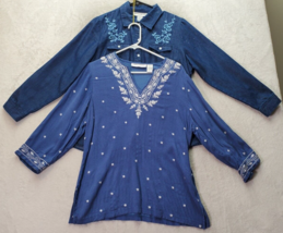 Lots of 2 Cathy Daniels Blouse Top Womens Large Blue Embroidered Floral Cotton - £18.39 GBP