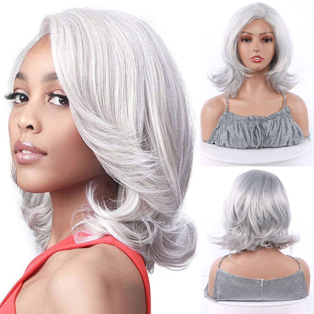 Gray Wigs Short Bob Synthetic Wig Natural Wave Gray Hair Wig for Women Pixie C - £15.51 GBP