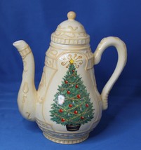 Holiday Teapot Christmas Tree Hand Painted Tea Coffee Pot Lid Flower Inc 9&quot; - £14.97 GBP