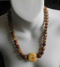 Chunky Stone Wood Bead Carved Disk Necklace 14/20 GF Clasp - $16.82