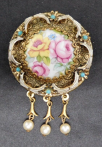 CZECH Vintage Brooch Porcelain Filigree Pattern Dangles Gold Tone EUC - £34.77 GBP