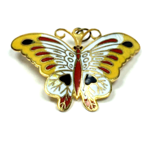 Vintage Cloisonné Enamel Butterfly Gold Tone Brooch Pin/Pendant Yellow White Red - £14.94 GBP