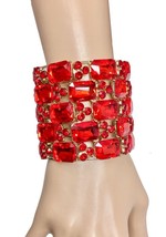 2.5&quot; Wide Red Crystals Luxurious Chunky Oversized Bracelet Drag Queen Stage - £26.74 GBP