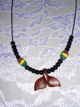 Carved Rose Wood Whale Tail Pendant W Rasta Color Beads Adjustable Necklace - £15.81 GBP