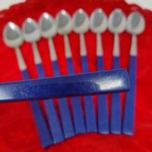 9X Anacapa Stainless Cubed Long Plastic Handles Blue  TEA SPOON 7.75&quot; Vtg - $24.98